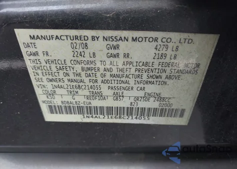 2008 Nissan Altima 2.5 S из США, поврежденный, VIN 1N4AL21E68C214055